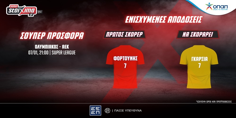 Super League: Ολυμπιακός-ΑΕΚ και Άρης-ΠΑΟΚ με ενισχυμένες αποδόσεις στο Pamestoixima.gr! (7/1)
